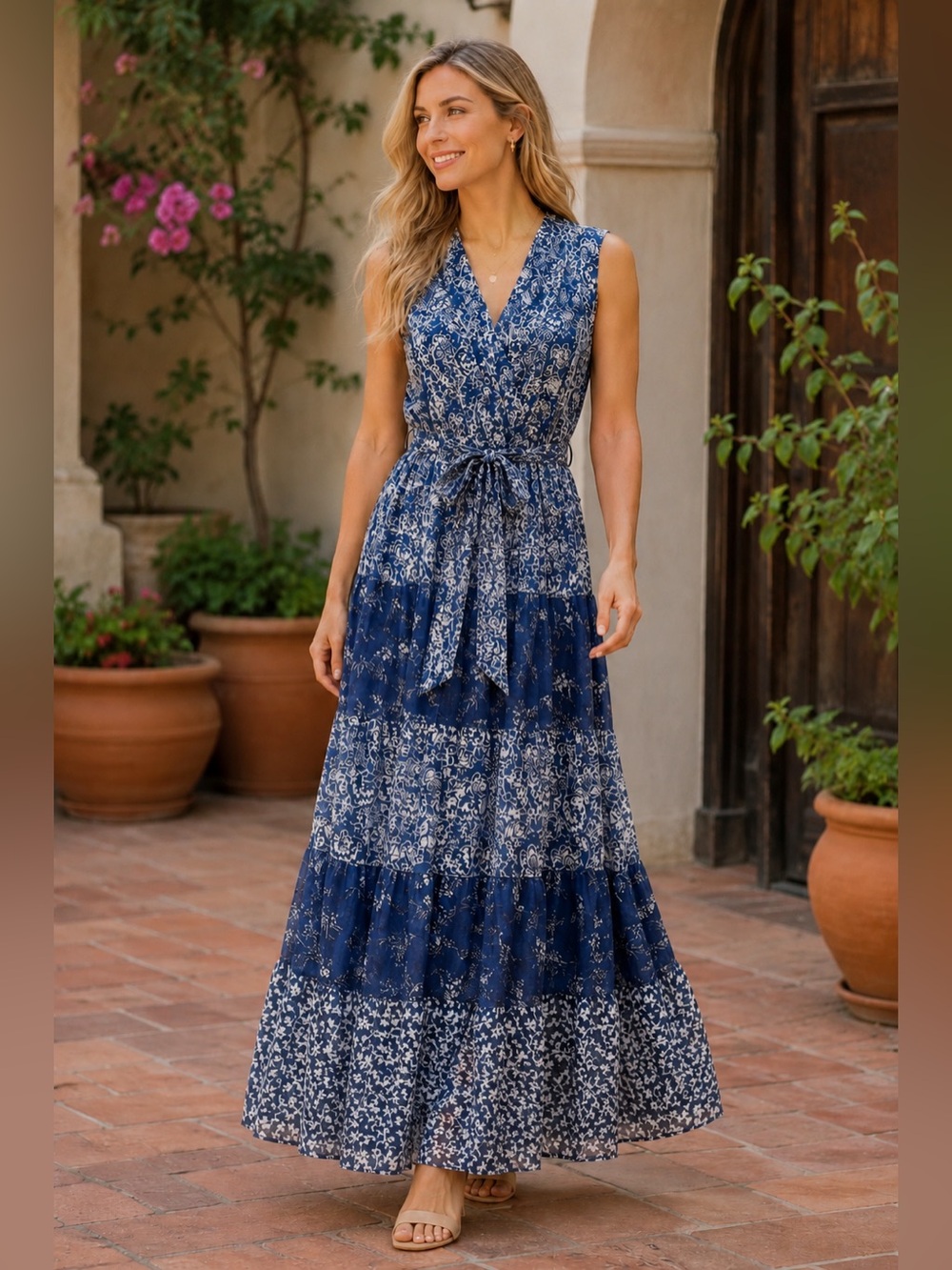 Lauren Ralph Lauren Size 16 Blue Floral Surplice Tiered Belted Maxi Dress Boho